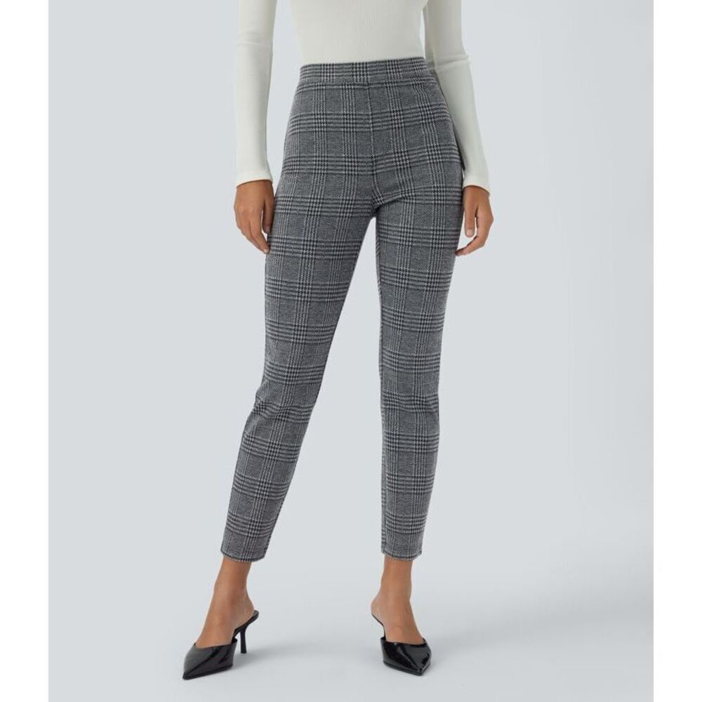 Halara Flex High Waisted Pocket Houndstooth Plaid Skinny Work Pants Gray Plaid S